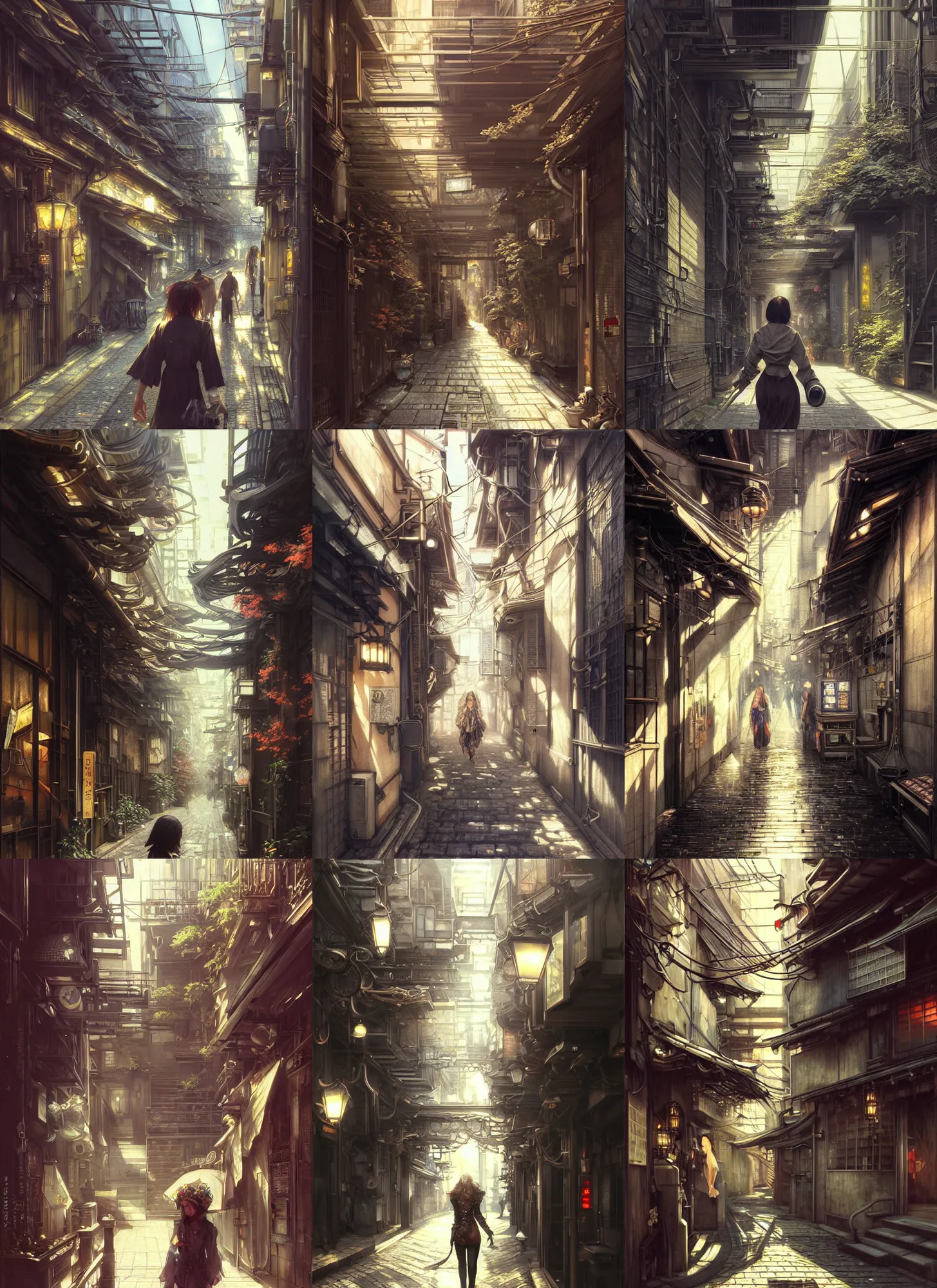 Prompt: ultra realistic beautiful tokyo alleyway techno art, intricate, elegant, highly detailed, digital painting, artstation, concept art, smooth, sharp focus, illustration, beautiful sunlight and shadows, art by artgerm and tian zi and yuxiang chen and alphonse mucha and greg rutkowski and jeremy mann and andreas achenbach