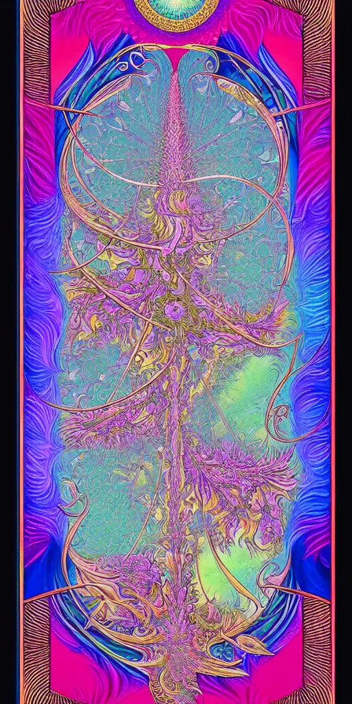 Image similar to a beautiful colorful vaporwave fractal tarot card featuring bold occult imagery with clean lines. haeckel. detailed adult coloring book