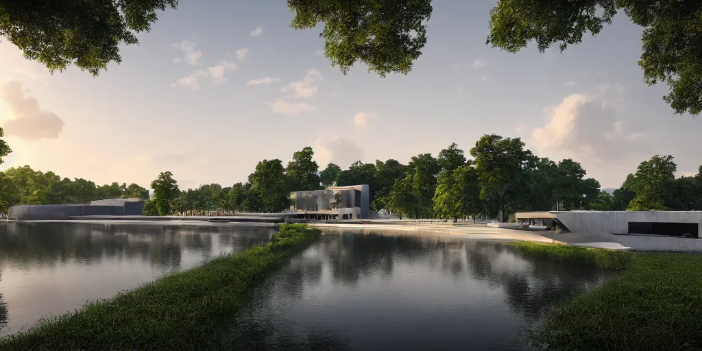 Image similar to a stunningly detailed arts center designed by Le Corbusier, surrounded by lush green forest, ponds of water, stunning volumetric lighting, sunset, metal, concrete, stunning skies, trending on Artstation, 8k, photorealistic, hyper detailed, unreal engine 5, IMAX quality, cinematic, epic lighting, in the style of Greg Rutkowski