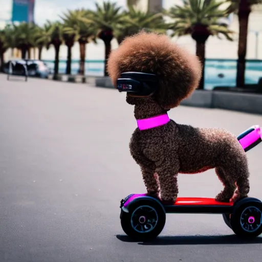 Image similar to fluffy poodle traveling on a hoverboard in las vegas, [ 4 k photorealism ]!!, trending on unsplash