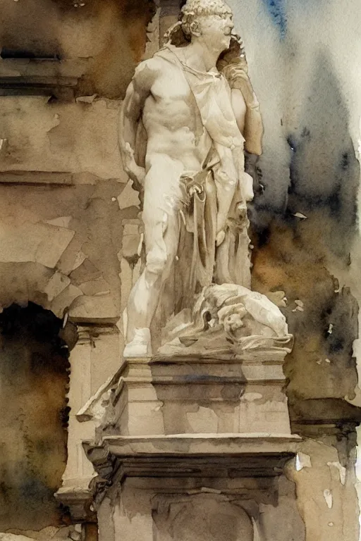 Image similar to abstract watercolor painting of roman god monument, in stone and marble, magical and traditional, cinematic light, national romanticism by anders zorn