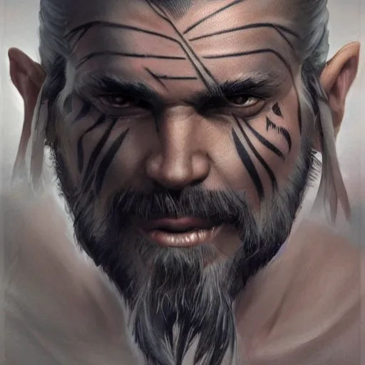 Prompt: a grey - skinned warrior man with tribal tattoos and an undercut ponytail, highly detailed, digital painting, artstation, concept art, smooth, sharp focus, illustration, art by artgerm and greg rutkowski and alphonse mucha