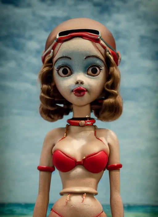Image similar to closeup of a tin toy bikini girl, depth of field, zeiss lens, detailed, symmetrical, centered, fashion photoshoot, by nicoletta ceccoli, mark ryden, lostfish, earl nore, hyung tae, frank frazetta, breathtaking, 8 k resolution, extremely detailed, beautiful, establishing shot, artistic, hyperrealistic, octane render