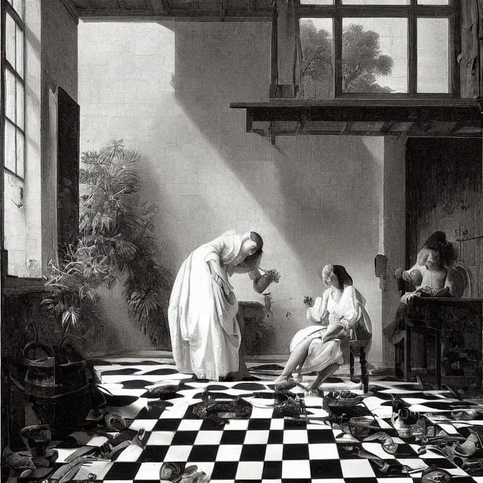 Image similar to pieter de hooch, trending on artstation, highly detailed, black and white checkerboard floor in the middle of the rainforest, intricate, elegant