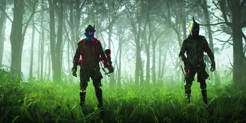 Image similar to inside of lush summer green landscape a strange gamekeeper wearing a steampunk and cyberpunk mechanical fluorescent mystical animal mask and red hood. walking in the misty dangerous swamp. in style of fornite game. night fog, beautiful render, octane render