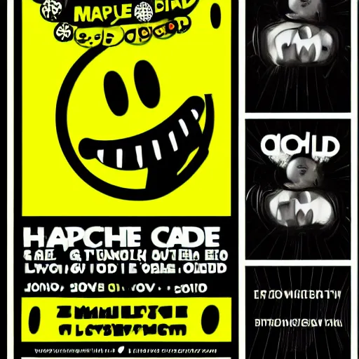 Image similar to acid house rave flyer, poster, smiley face, florescent yellow and black