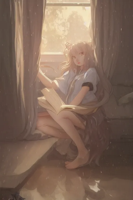 Image similar to a teenage girl in a jk uniform outfit in the bedroom reading a book in a night, raining outside the window, grey and orange theme ， wavy white long hair, by krenz cushart and mucha and akihito yoshida and greg rutkowski, detailed eyes, 4 k resolution