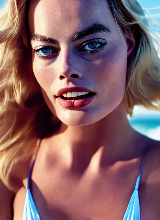 Prompt: a portrait of margot robbie on the beach with a womanly bikini, sexy look, realistic eyes, beautiful eyes, 8k, hyper-detailed, cinematic, sunset