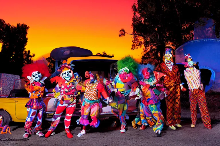 Image similar to 2 0 clowns leaving a clowncar at a california drive in, in 2 0 1 2, cutecore clowncore, bathed in the the glow of the sunset, low - light photograph, in style of monkeybone