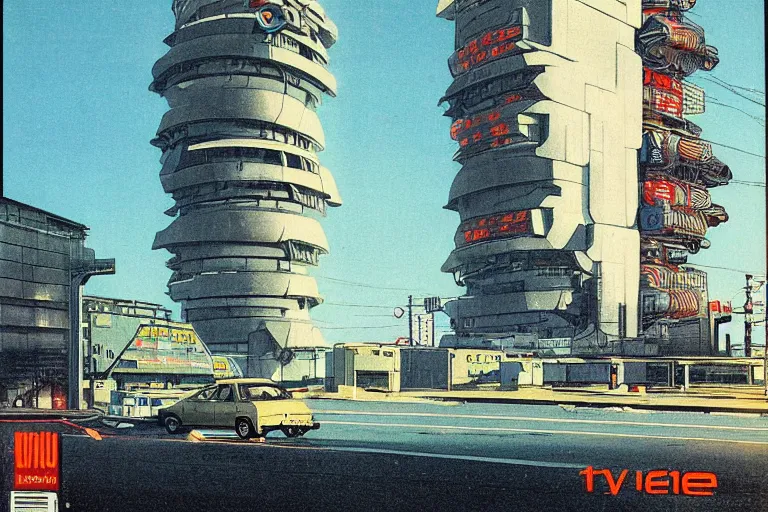 Prompt: 1 9 7 9 omni magazine cover of gate tower building off - ramp in fukushima. in cyberpunk style by vincent di fate