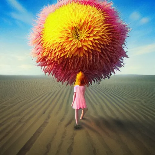 Image similar to closeup huge dahlia flower under head, a girl walking between dunes, surreal photography, sunrise, blue sky, dramatic light, impressionist painting, digital painting, artstation, simon stalenhag