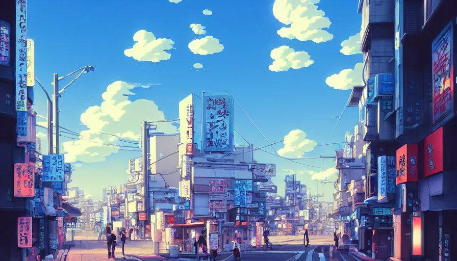 Image similar to A highly detailed digital art painting of Tokyo street, shimmering cloudy sky by Studio Ghibli, Makoto Shinkai, (((Makoto Shinkai))) by Artgerm, by beeple, volumetric lighting, octane render, 4K resolution, trending on artstation, masterpiece, vivid colours