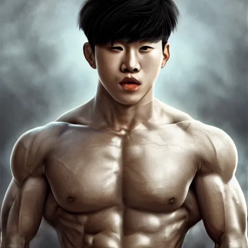 Image similar to a korean bodybuilder college boy, bokeh, beautiful face!!!!, 2 3 years old, cg animation, lifelike, animated, realistic, character select portrait, by artgerm, greg rutkowski, alphonse mucha, 3 d