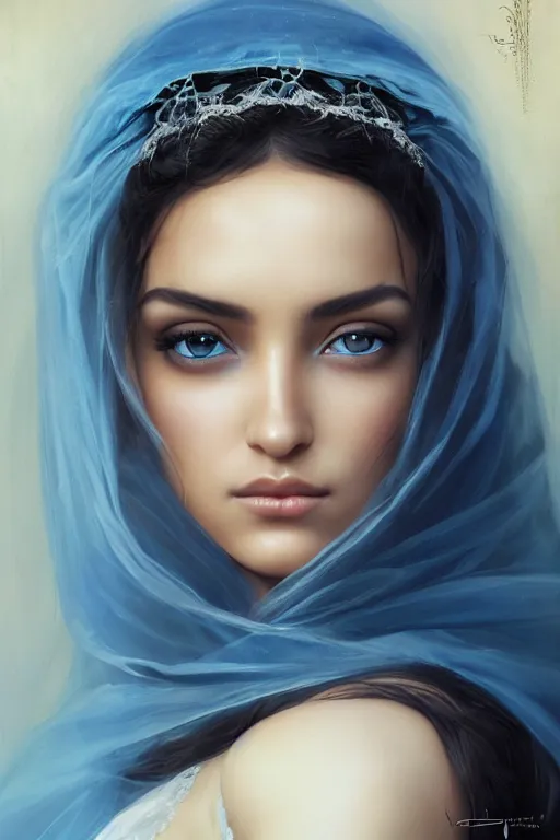 Image similar to tanned Ameera al-Taweel, bright blue eyes, long wavy black hair, simple white veil, closeup, focus face, elegant, highly detailed, centered, oil painting, artstation, concept art by tom bagshaw