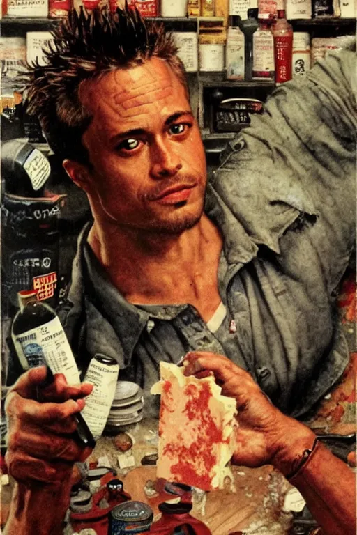 Image similar to Tyler Durden making soap painted by Norman Rockwell