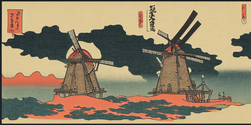 Prompt: ukiyo - e woodblock print of a dutch windmill, by hokusai