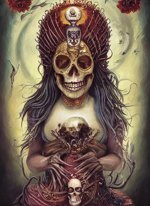 Prompt: queen of heats the fool tarot card, highly detailed, half skull face, cinematic, 8 k, bymegan duncanson, benjamin lacombe, naoto hattori, adrian borda, giger, trending on deviantart, hyper detailed, horror, full of colour