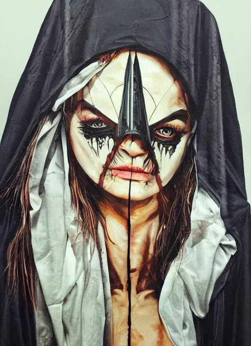 Image similar to tripping cult magic psychic woman, subjective consciousness psychedelic, epic occult ritual symbolism story iconic, dark robed witch, oil painting, robe, symmetrical face, greek dark myth, by Sandra Chevrier, masterpiece