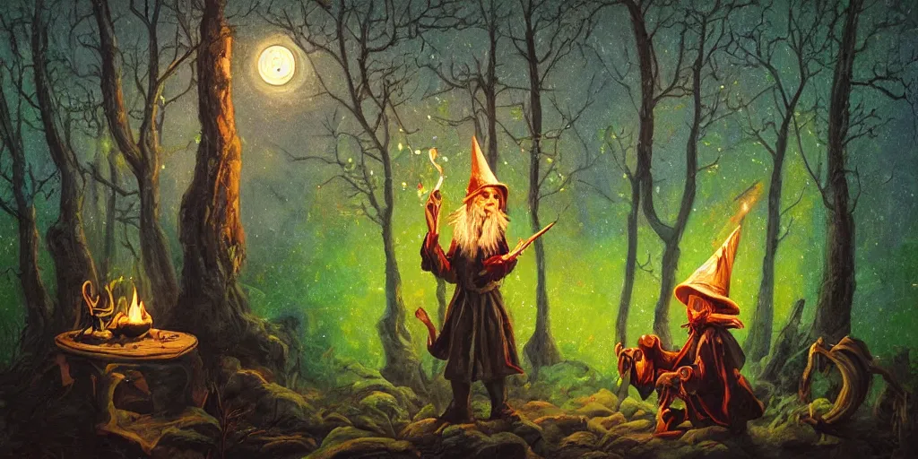 Image similar to wizard painting casting a spell in the forest at night