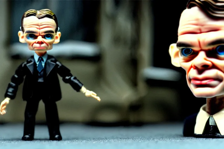 Image similar to alan turing being possessed by agent smith, stop motion vinyl action figure, plastic, toy, butcher billy style