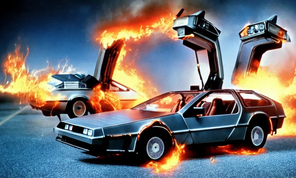 Image similar to scene from back to the future, delorean from back to the future driving very fast, lightning around the car, fire on the road, driving through a portal, motion blur