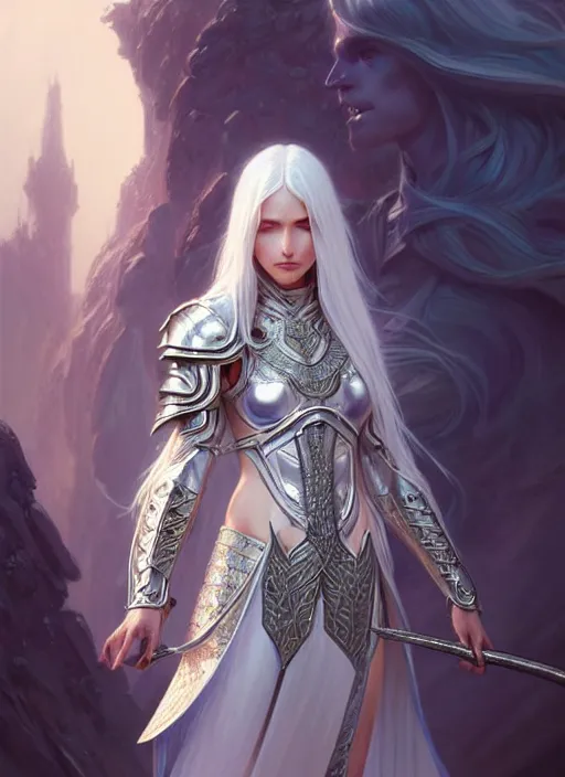 Prompt: light opal armor!!! long wild white hair!! covered chest!!! fantasy, d & d, intricate ornate details, digital painting, pretty face!!, symmetry, concept art, sharp focus, illustration, art by artgerm! greg rutkowski magali villeneuve wlop! ilya kuvshinov!!, octane render