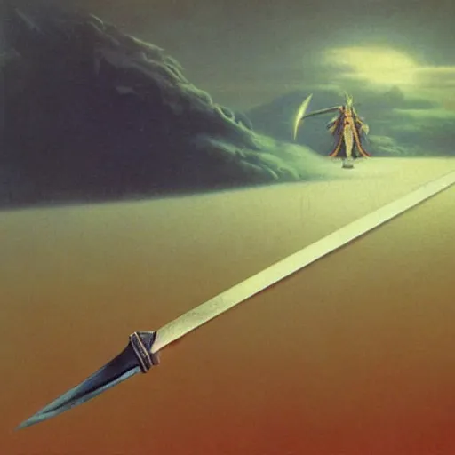 Image similar to concept art of omegamon, sword for left arm and a cannon for right arm, fantasy, valley, heavy fog, zdzislaw beksinski