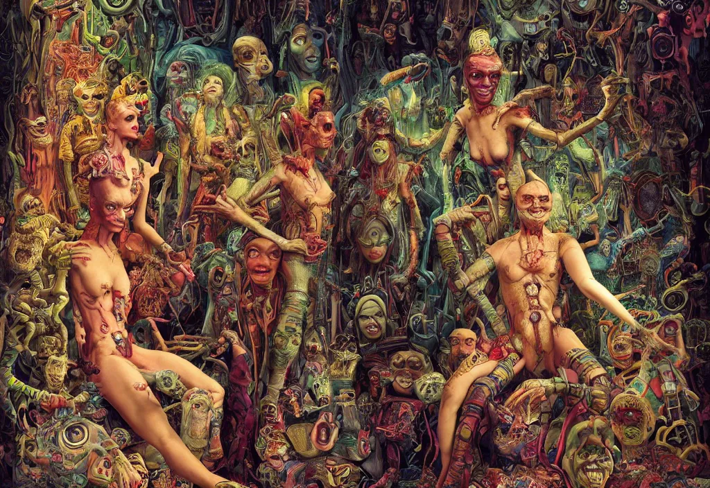 Prompt: 35mm color, humans enslaved by artificial intelligence, portrait, fashion shoot, freak show, weird, random, strange, hyper detailed, photorealistic, interesting, by David la chapelle and karol bak and david cronenberg and WETA digital, art by Ivan Bilibin, Dariusz Zawadzki , ID magazine, octane rendering, cinematic, hyperrealism, octane rendering, 8k, depth of field, bokeh.