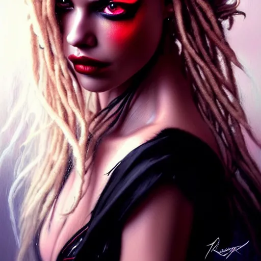 Image similar to photography flawless beautiful female instagram model with blonde and red dreadlocks in a black ballgown, dark, piercing eyes, exotic expression, esoteric clothing, photorealistic, highly detailed, mysterious lighting, artstation, smooth, sharp focus, art by artgerm, greg rutkowski and luis royo