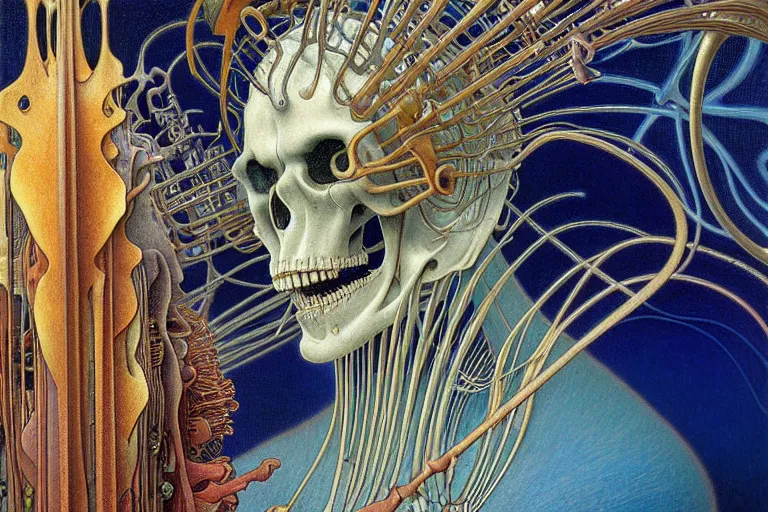 Prompt: realistic detailed closeup portrait painting of a single skeleton in a crowded futuristic street by Jean Delville, Amano, Yves Tanguy, Alphonse Mucha, Ernst Haeckel, Edward Robert Hughes, Roger Dean, rich moody colours, blue eyes