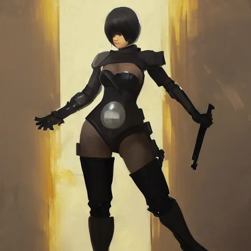 Prompt: greg manchess portrait painting of 2 b nier automata as overwatch character, medium shot, asymmetrical, profile picture, organic painting, sunny day, matte painting, bold shapes, hard edges, street art, trending on artstation, by huang guangjian and gil elvgren and sachin teng