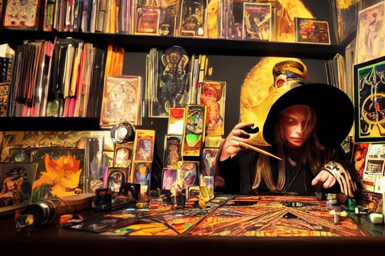 Image similar to close up photo, dramatic lighting, concentration, aphex twin playing with big techno jukebox, tarot cards displayed on the table in front of her, sage smoke, magic wand, a witch hat and cape, apothecary shelves in the background, by yoji shinkawa neon