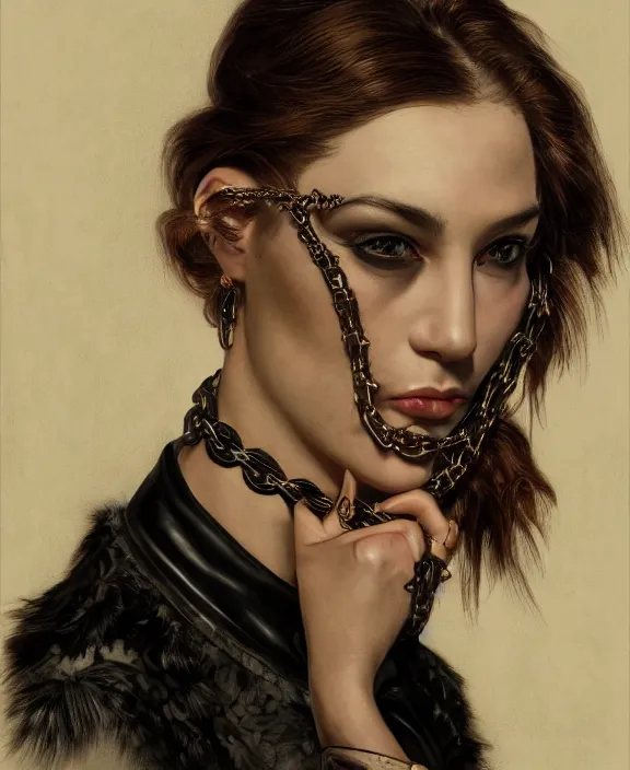 Image similar to a highly detailed portrait, intricate leather suspenders, leather collar and chain, honey birdette, realistic portrait, deep focus, matte, digital painting, artstation, concept art, smooth, sharp focus, cinematic lighting, art by artgerm and greg rutkowski and alphonse mucha, araki nobuyoshi, anders petersen