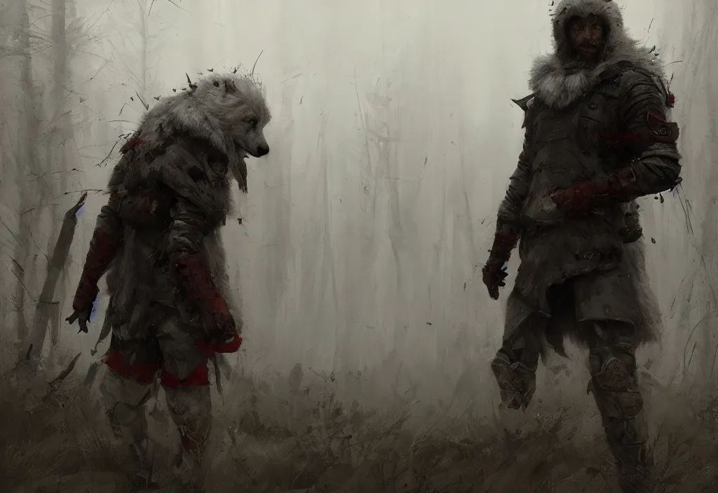 Prompt: a man his knees morphing into a white wolf, artstation, jakub rozalski, high detail, dramatic lighting