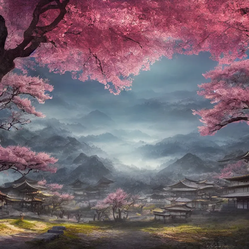 Image similar to old empty samurai city surrounded by sakura trees, beautiful valley and mountains with forest, sunrise matte painting, digital art, artistation