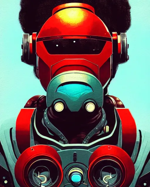 Image similar to sojourn from overwatch, african canadian, gray hair, afro, teal silver red, character portrait, portrait, close up, concept art, intricate details, highly detailed, vintage sci - fi poster, retro future, vintage sci - fi art, in the style of chris foss, rodger dean, moebius, michael whelan, and gustave dore