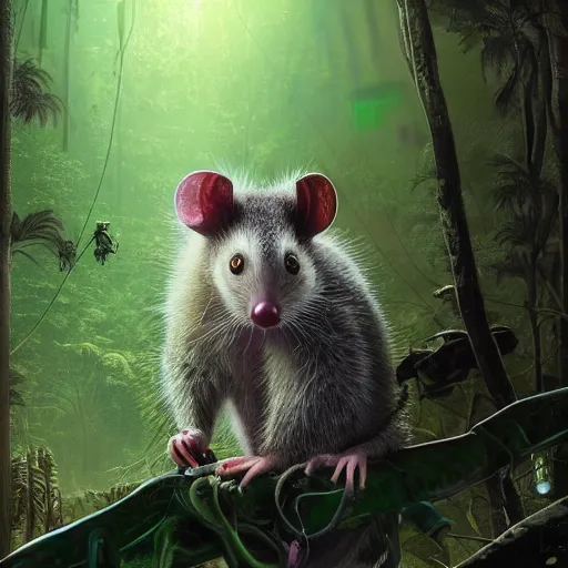 Image similar to highly detailed possum lost in the jungle at night, cyberpunk, digital art, hyperrealistik 8k