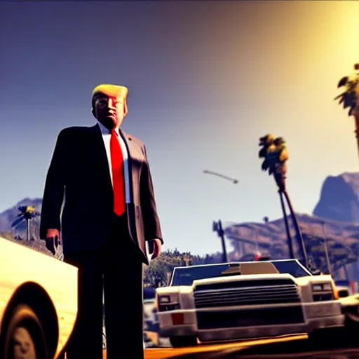 Prompt: donald trump in gta v gameplay, ps 5 screenshot, third person gameplay, five stars, 3 d render, cryengine, highly detailed