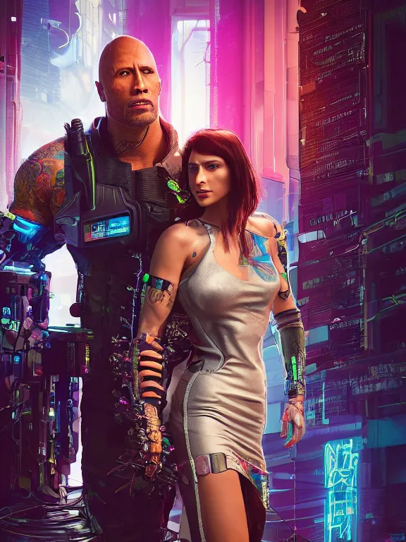 Image similar to a cyberpunk 2077 wedding couple portrait of Dwayne Johnson and a female android,complex mess of cables and wires behind them connected to giant computer,film lighting,by laurie greasley,Lawrence Alma-Tadema,William Morris,Dan Mumford, trending on atrstation,full of color,face enhance,sharp focus, highly detailed,8K, octane,golden ratio,cinematic lighting