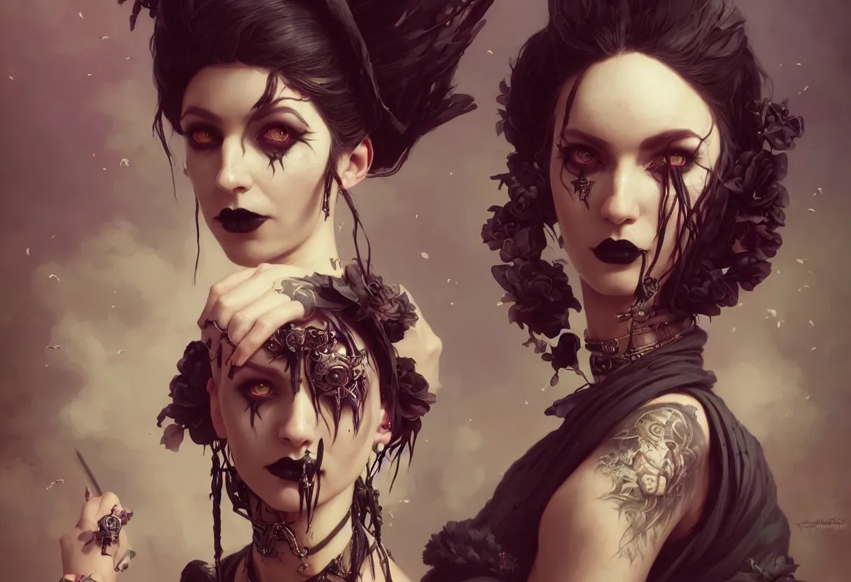 Image similar to beautiful portrait, goth girl, piercings collar, mohawk hairstyle, medieval dress. witch, makeup. unreal engine, greg rutkowski, loish, rhads, beeple, tom bagshaw, alphonse mucha, global illumination, detailed and intricate environment