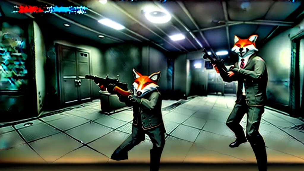 Image similar to screenshot from the pc game payday 2 demonstrating the fursuit unlock - hoxton? more like foxton.