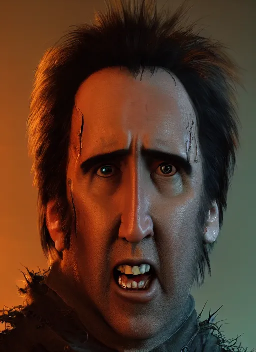 Prompt: A fantasy comic book style portrait painting of Nicolas Cage as a goblin in a cavern setting, unreal 5, DAZ, hyperrealistic, octane render, RPG portrait, ambient light, dynamic lighting