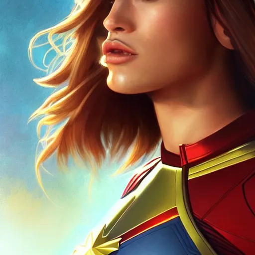 Image similar to ultra realistic illustration, bella thorne as captain marvel, intricate, elegant, highly detailed, digital painting, artstation, concept art, smooth, sharp focus, illustration, art by artgerm and greg rutkowski and alphonse mucha