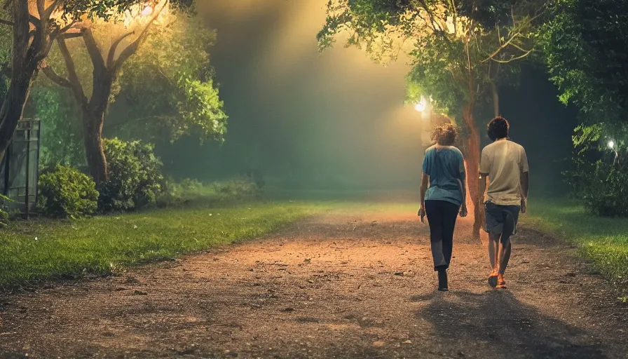 Prompt: a couple walking in the middle of fireflies in a poor neighbourhood, cinematic lighting, wow, establishing shot