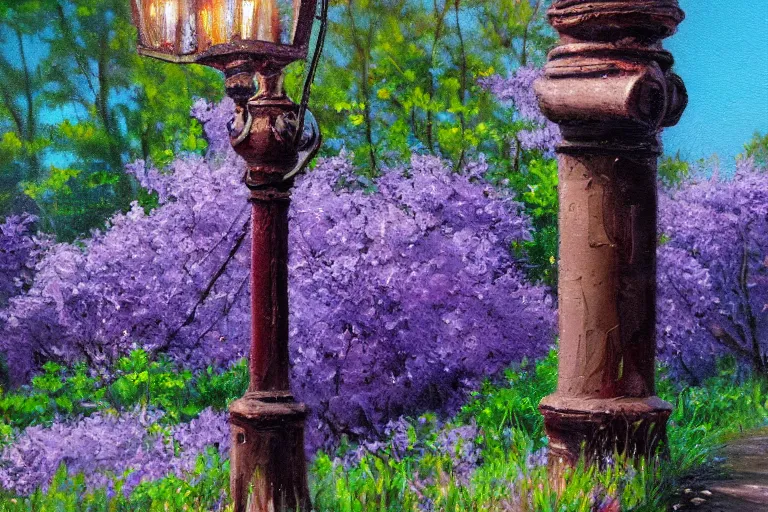 Image similar to vintage iron lamp post in lush spring forest. Cinematic, small purple flowers, hiking trail. detailed oil painting