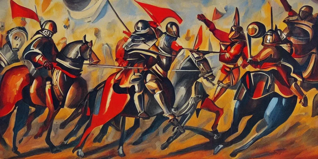 Image similar to futurism style painting of medieval knights jousting