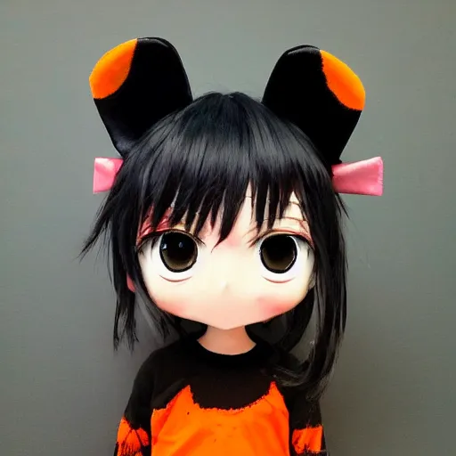 Image similar to anime tomboy with dark skin, black hair, wolf ears and glowing orange eyes