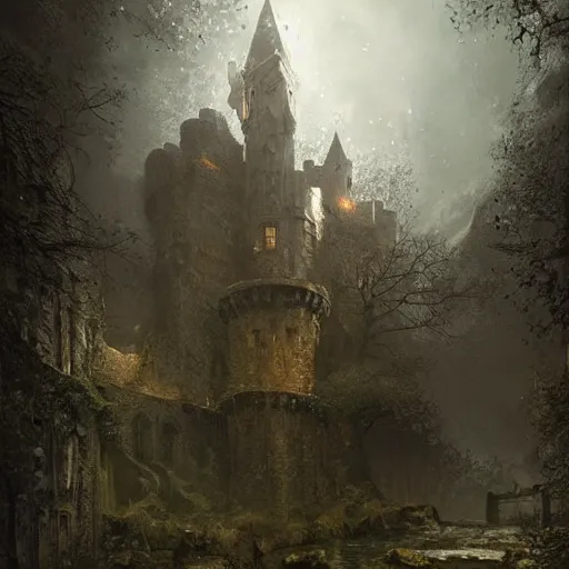 Prompt: portrait of a medieval castle in the rainforrest by Cedric Peyravernay, highly detailed, excellent composition, cinematic concept art, dramatic lighting