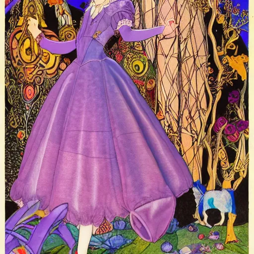 Image similar to Alice in Wonderland, by Ivan Bilibin, inspired by Alexander McQueen fashion, and Möbius illustration, high resolution scan, dichroic prism effect,