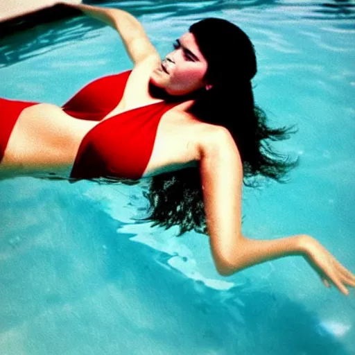 Image similar to clear photo of a beautiful and young female singer of native american descent in a pool with a red swimsuit taken in 1 9 7 6, high quality, highly detailed 7 0 s style photography, long dark hair, elegant pool, trending on pinterest, aesthetically beautiful, elegant